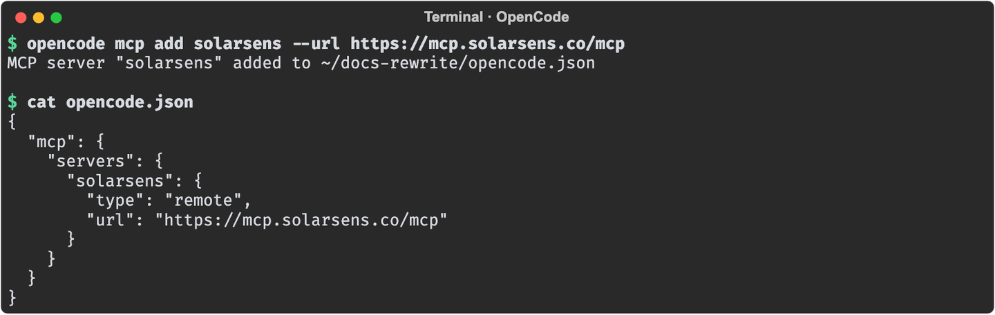 Terminal or editor showing the opencode.json file after running opencode mcp add