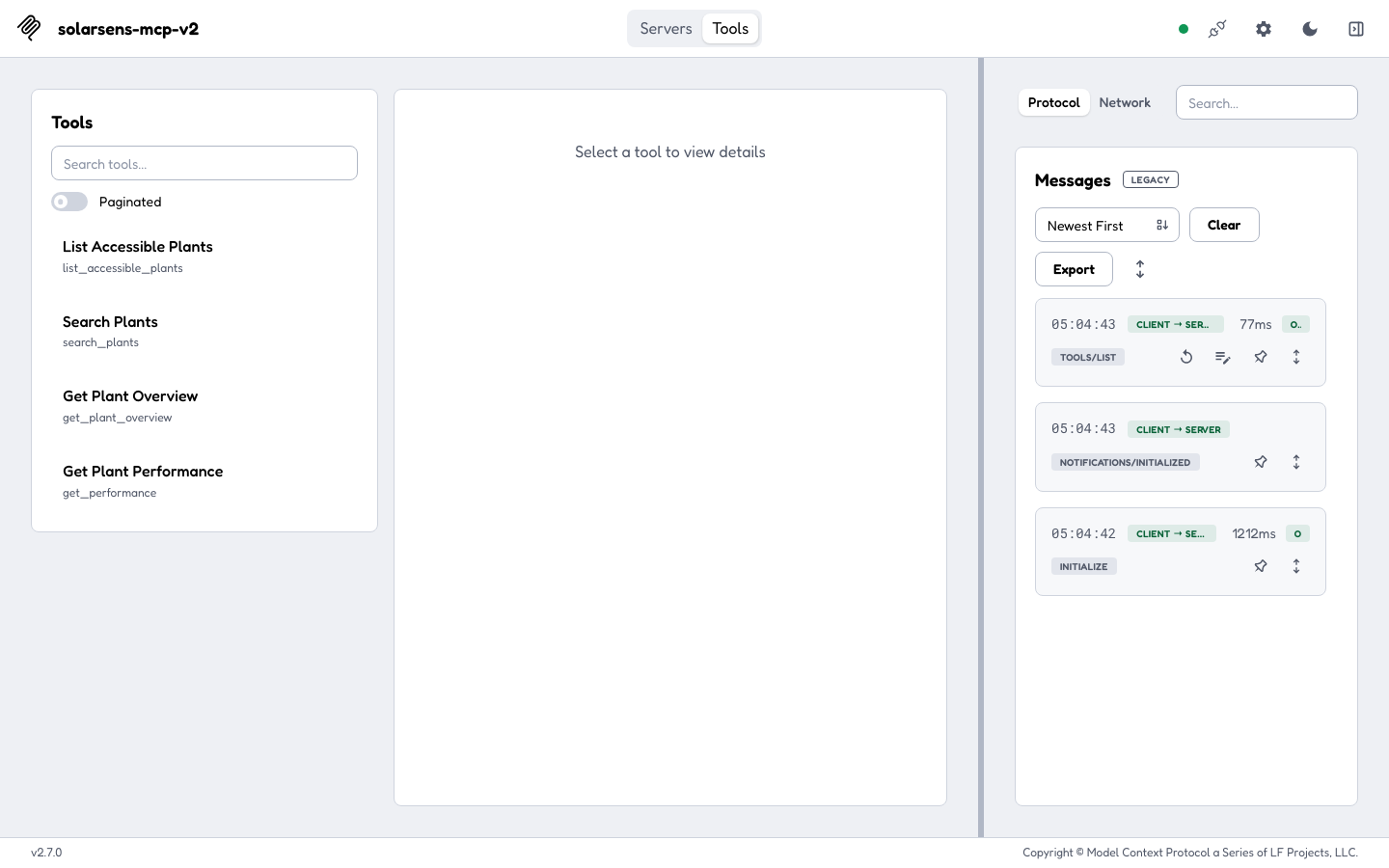 MCP Inspector Tools tab showing the four production SolarSENS tools