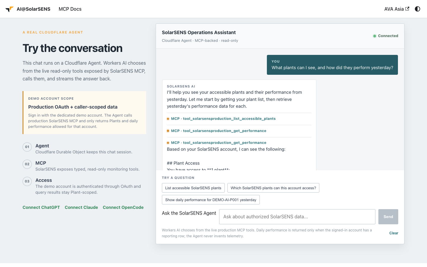 Homepage demo chat, connected, showing a question about accessible Plants and their performance yesterday, with MCP tool calls to list_accessible_plants and get_performance