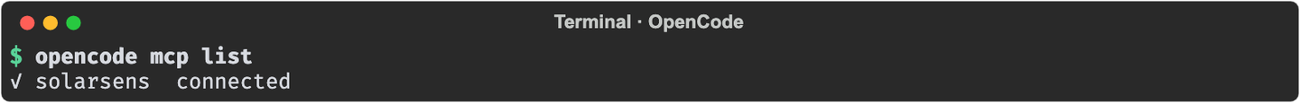 Terminal output of opencode mcp list showing solarsens as connected
