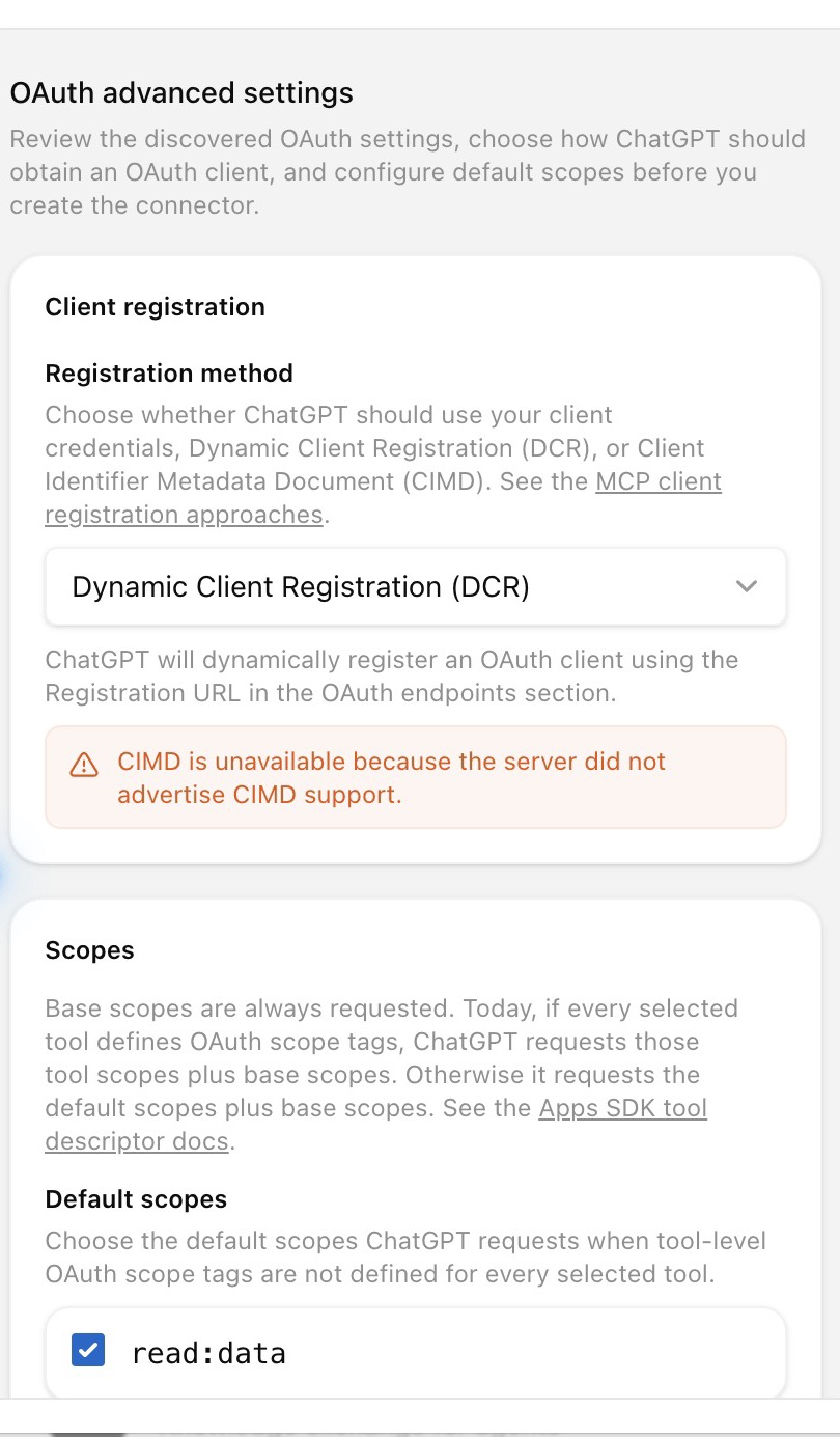 ChatGPT advanced OAuth settings with Dynamic Client Registration and the read scope selected