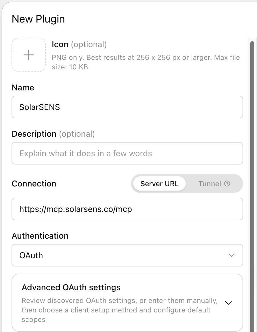 ChatGPT app form with the SolarSENS name, MCP server URL, and OAuth selected